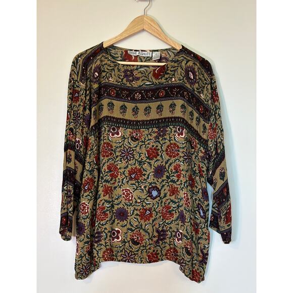 Jane Ashley Tops - Jane Ashley Blouse Medium Multicolor Floral 3/4 Sleeve Beaded Boatneck Lagenlook